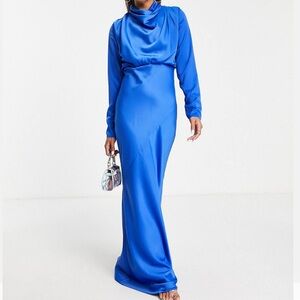 ASOS Design High neck drape satin bias cut maxi dress in blue